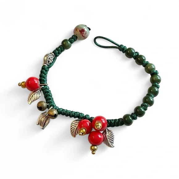 Holly Berry Red Bracelet Ceramic Beads Boho Green Silver Small Size - Picture 4 of 7